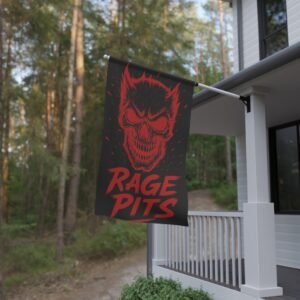 Rage Pits Skull House Banner — Red Gothic Skull Wall Flag for Game Rooms & Metal Fans