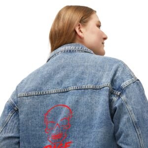 Women's Denim Jacket — Vintage Blue Jean Jacket with 'RAGE PITS' Back Graphic